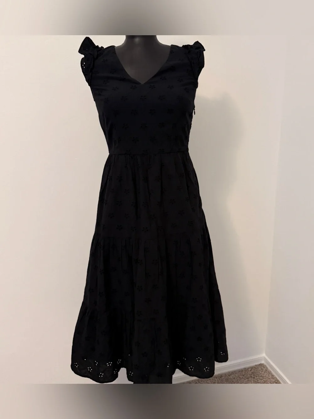 J. Crew Black Eyelet Tiered Midi Dress with Ruffle Sleeves Size 0